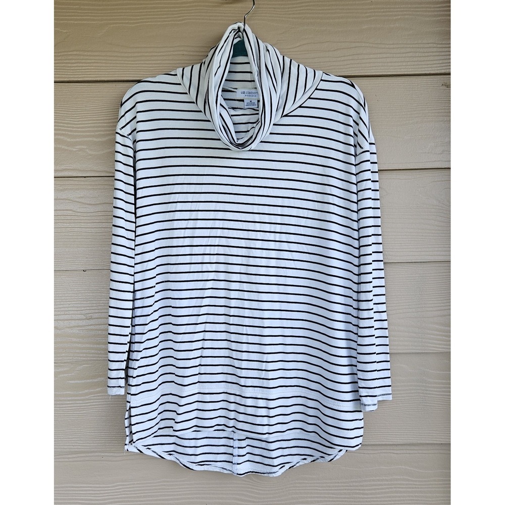White & Black Striped Cowl Neck Tunic Top Sz M Liz Claiborne Weekend